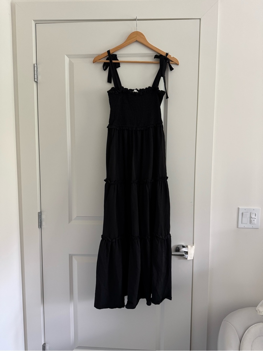 LBLC the label Black Smocked Tiered Maxi Dress with Tie Shoulders